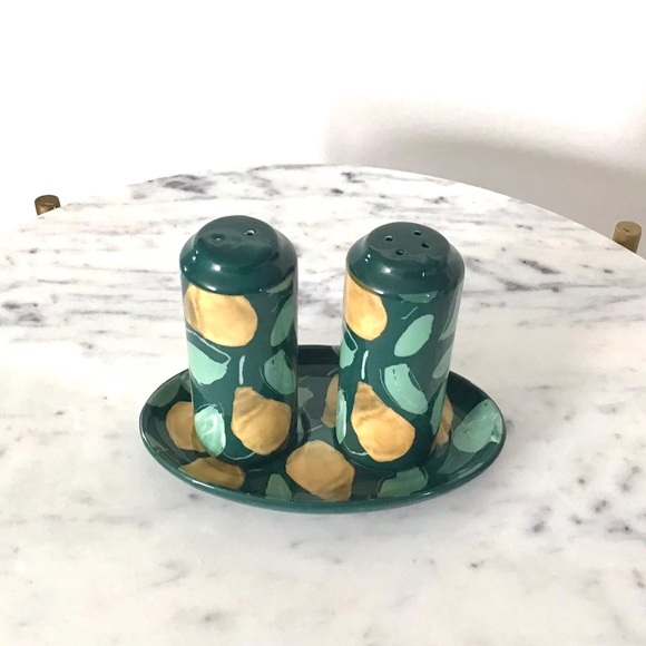 Anthropologie Salt and Pepper Shakers Set Handpainted Glazed Stoneware NIB